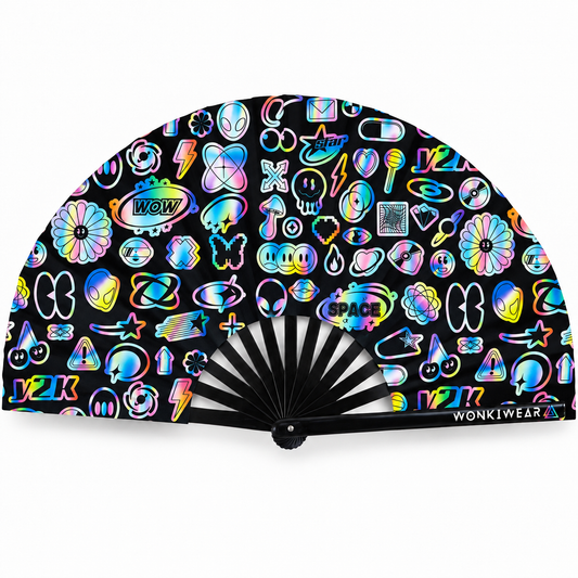 WonkiWear Cyber Pop XL 26-inch folding rave fan with colourful holographic Y2K graphics on a black background, shown open against a clean white background.