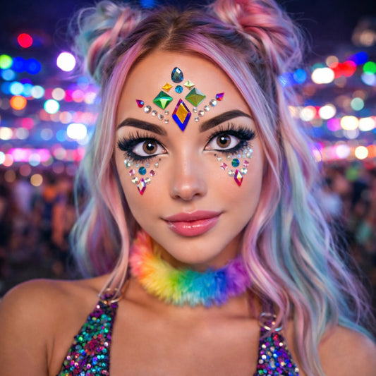 Model wearing Athena festival face jewels with colourful crystals at a rave with bright lights