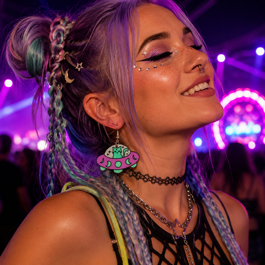 Rave festival model wearing cute cat UFO statement earrings