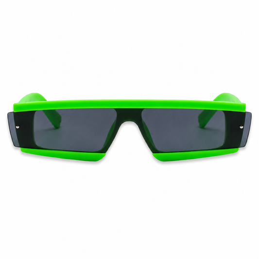 Futuristic neon green rave sunglasses on white background