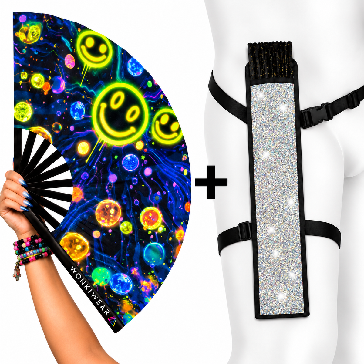 Galactic Grin XL 26-inch rave fan with neon smiley faces and colourful cosmic artwork, paired with an optional silver glitter fan holster by WonkiWear.