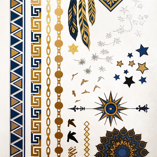 Gazing eye temporary tattoos metallic gold silver and navy for festival face and body art