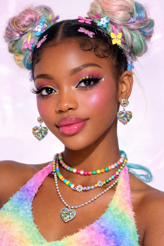 Model wearing glitter heart earrings festival styling UK