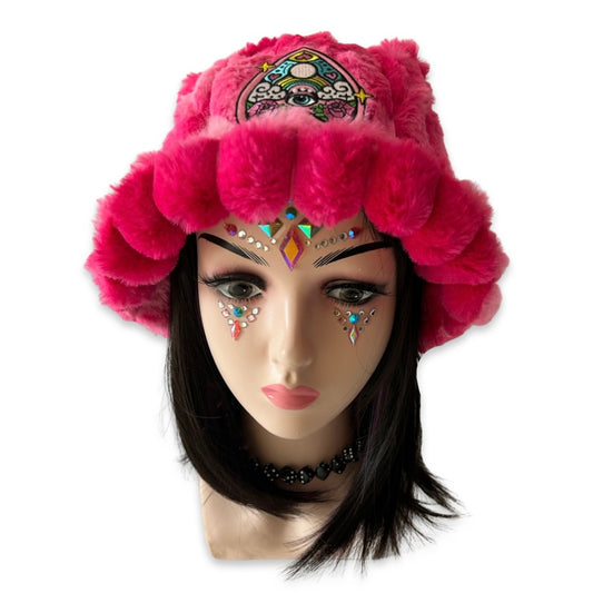 Handmade bright pink tie dye furry bucket hat - Psychedelic