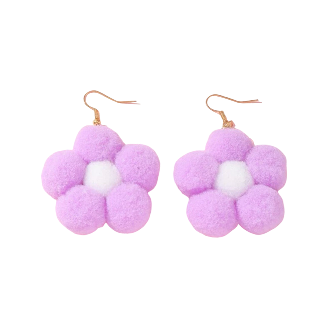Earrings - Pompom daisy flower drops, Lilac & white