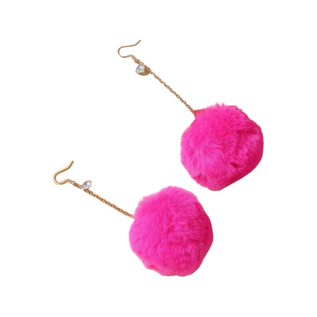 Earrings - Big Pompom drops, Hot Pink