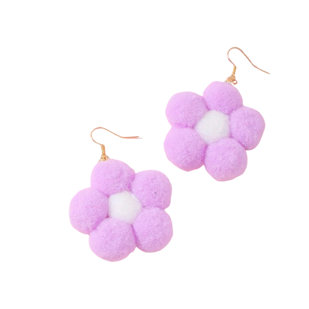 Earrings - Pompom daisy flower drops, Lilac & white