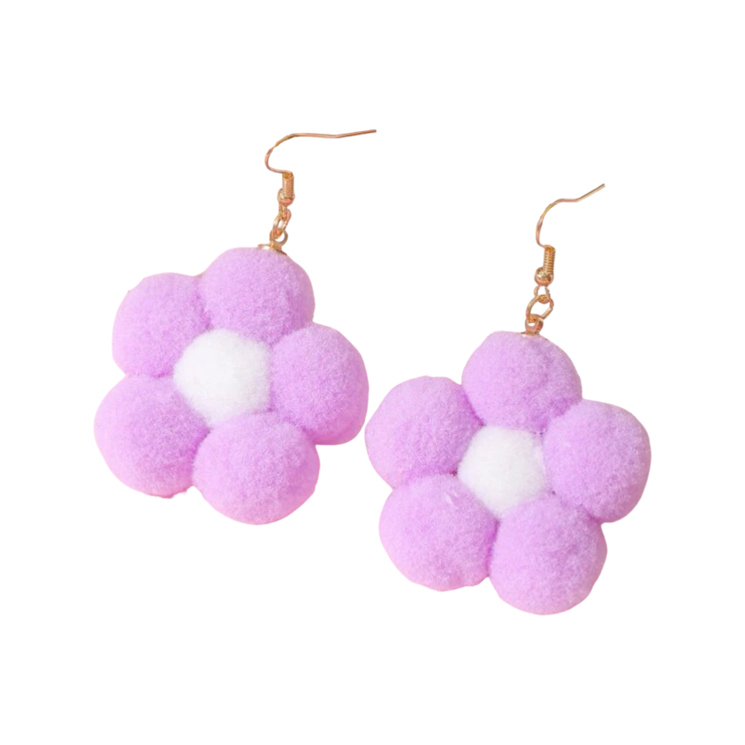 Earrings - Pompom daisy flower drops, Lilac & white