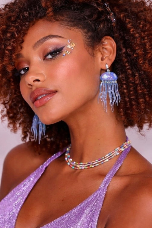 quirky jellyfish drop earrings on model festival jewellery UK