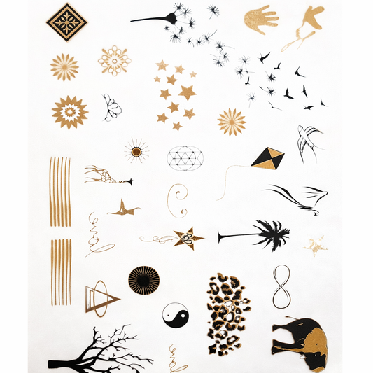 Kundalini temporary tattoos metallic gold and black for bold festival face and body art