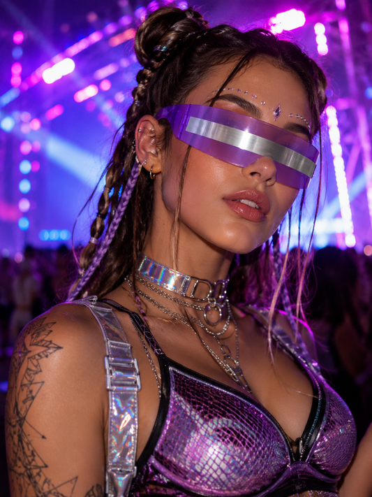 Female festival model wearing lilac futuristic shield sunglasses at rave