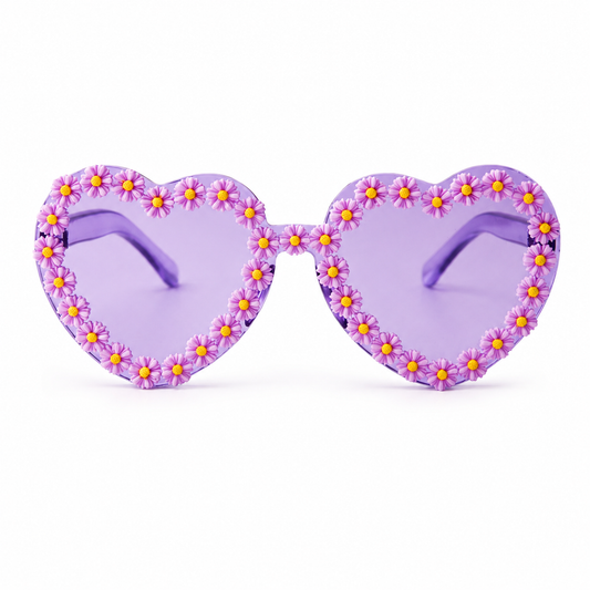 Lilac heart shaped daisy festival glasses on white background