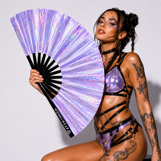 Festival model holding Luna Galaxy holographic lilac XL hand fan