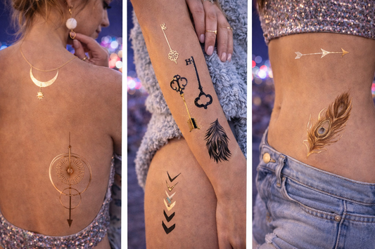 Transcendence metallic temporary tattoos reflecting light in both flash and natural lighting