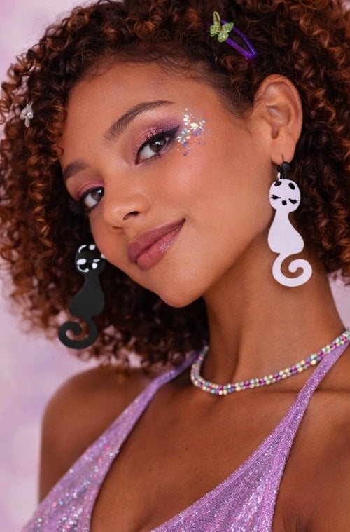Black and white cat drop earrings festival outfit accessory