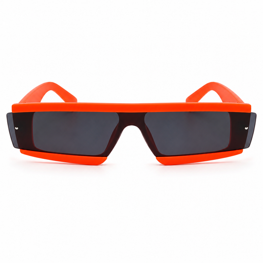 Neon orange futuristic rave glasses on white background