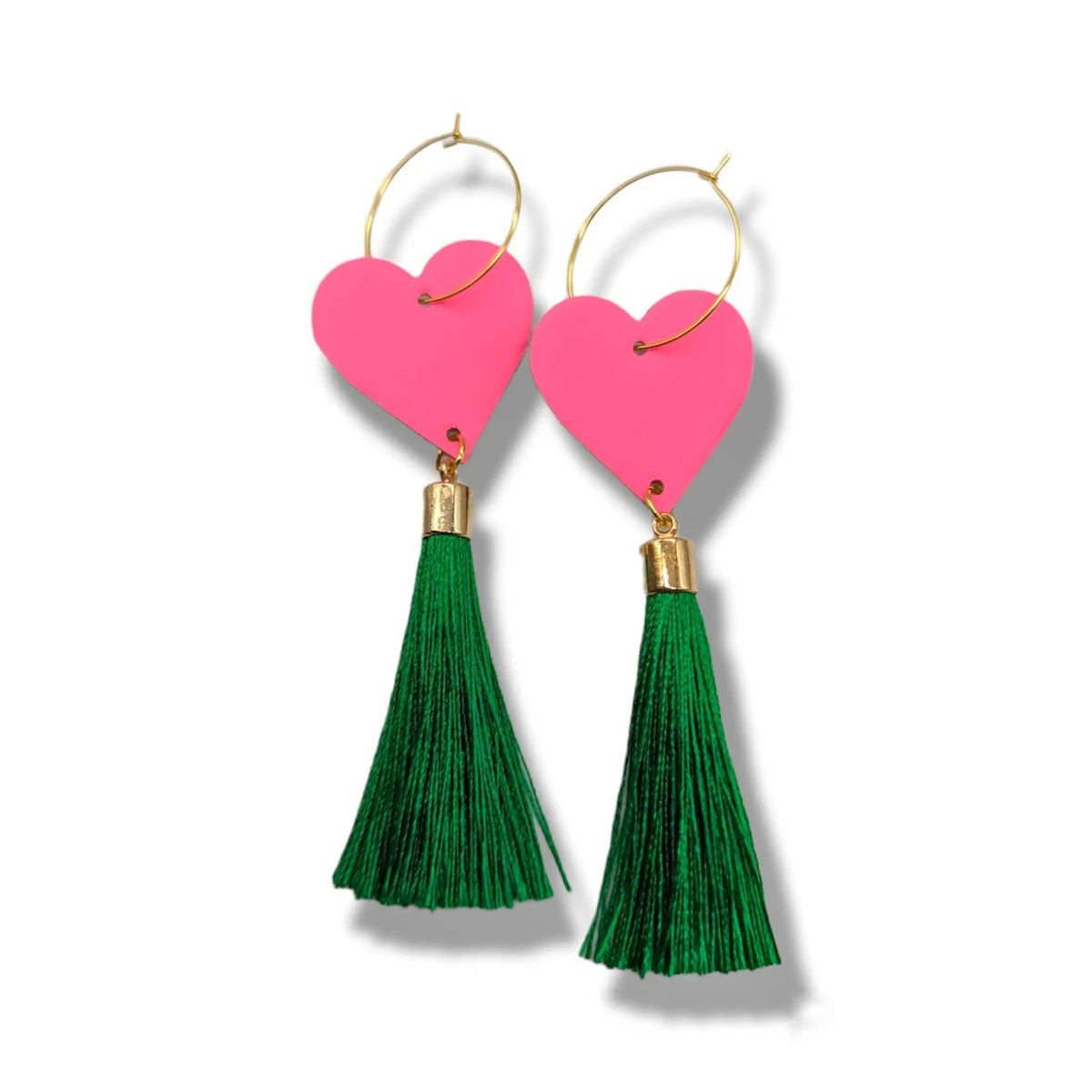 Neon Pink Heart & Green Tassel Earrings | Statement Jewellery