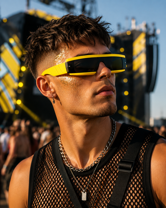 Male festival model wearing neon yellow futuristic rave sunglasses