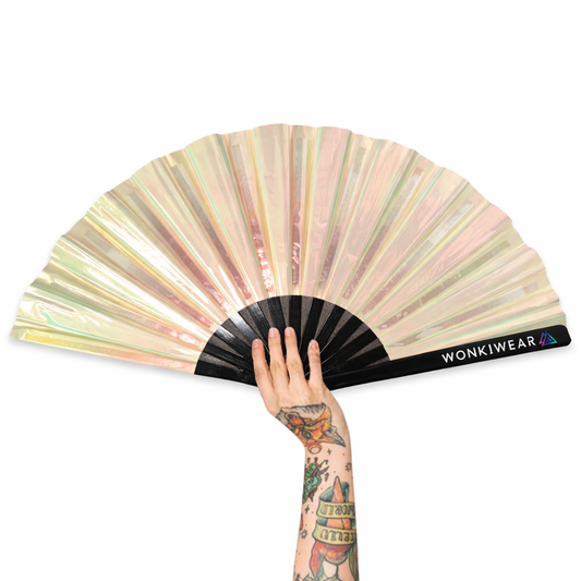 Pearl festival fan UK XL size with subtle iridescent finish, handheld rave fan by WonkiWear