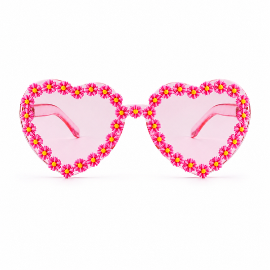Pink heart shaped daisy festival glasses on white background