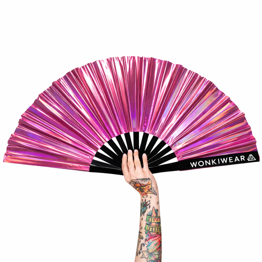 Pink Mirage iridescent rave fan XL in metallic pink by WonkiWear with high shine reflective finish