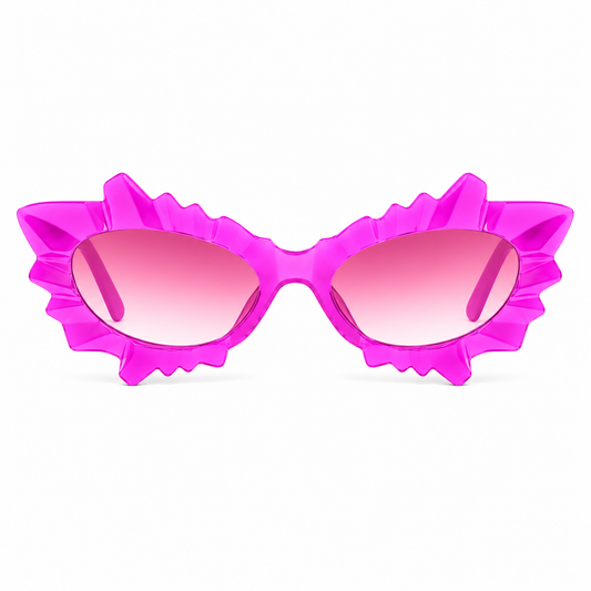 Pink and purple irregular cat eye festival sunglasses on white background