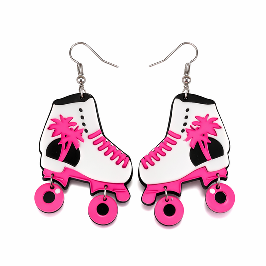 Pink roller skate drop earrings retro festival jewellery