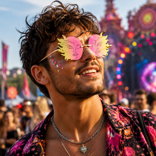 Festival model wearing pink and yellow celestial sun moon statement glasses