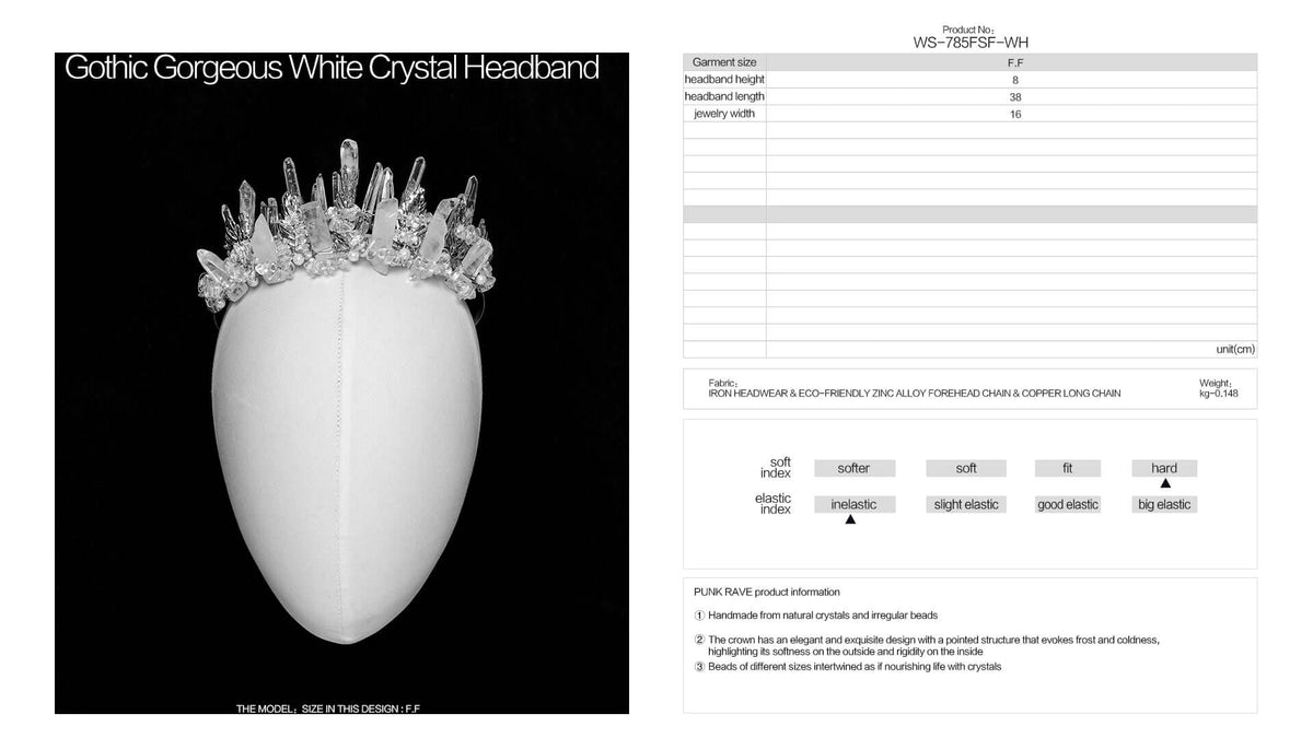 Punk Rave white crystal crown headband sizing guide showing an 8 cm height, 38 cm headband length and 16 cm jewellery width.