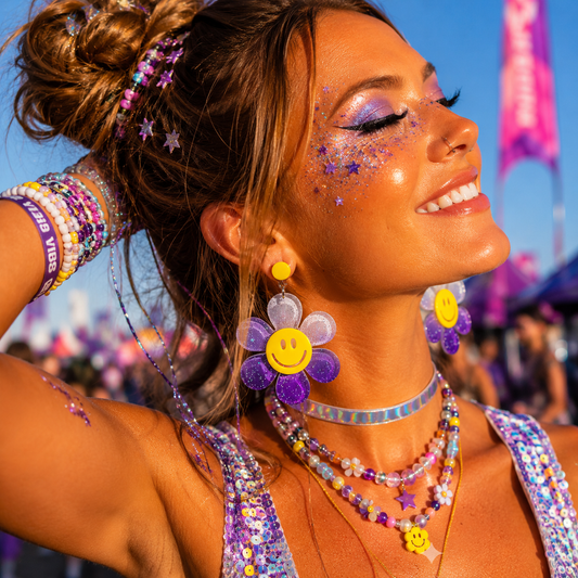Festival model wearing oversized purple glitter daisy statement earrings