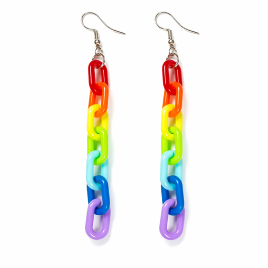 Rainbow chain drop earrings colourful festival statement jewellery