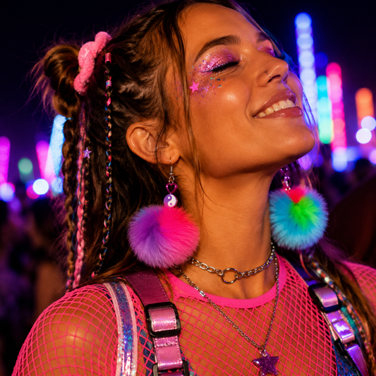 Festival model wearing multicoloured fluffy pom pom yin yang statement earrings