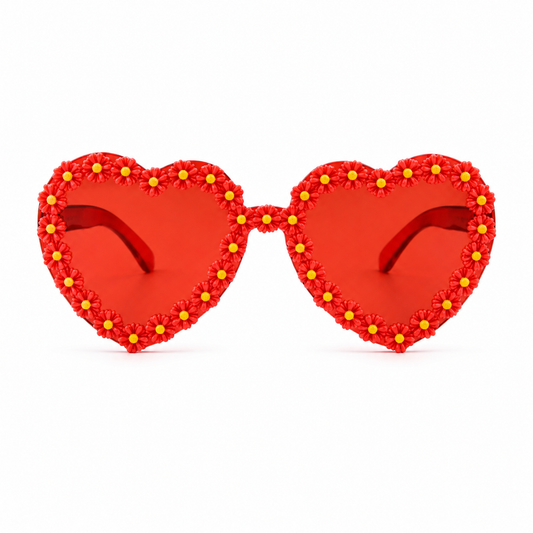 Red heart shaped daisy festival glasses on white background