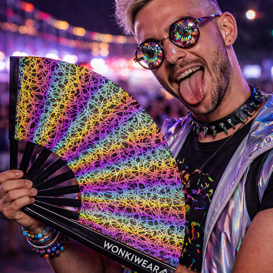 WonkiWear reflective entrapment rave fan glowing under festival and concert lighting
