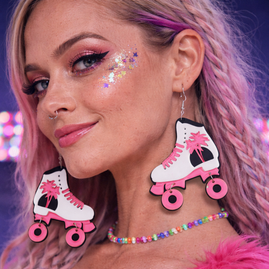 Model wearing roller skate earrings rave outfit