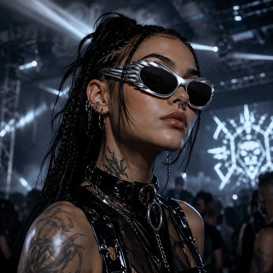 Female festival model wearing silver futuristic spikey ridged sunglasses