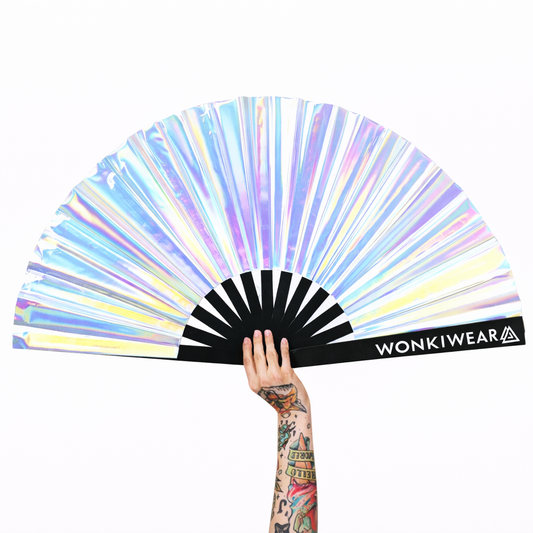 Silver iridescent rave fan XL size reflective festival fan WonkiWear