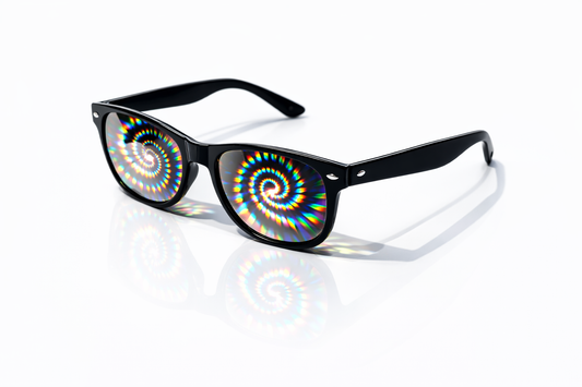 Trippy spiral diffraction glasses with rainbow vortex light effect lenses in black frame for festivals and raves
