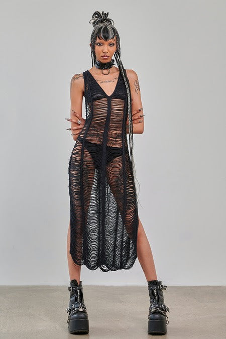 Black Distressed Mesh Rave Dress | Banned Apparel