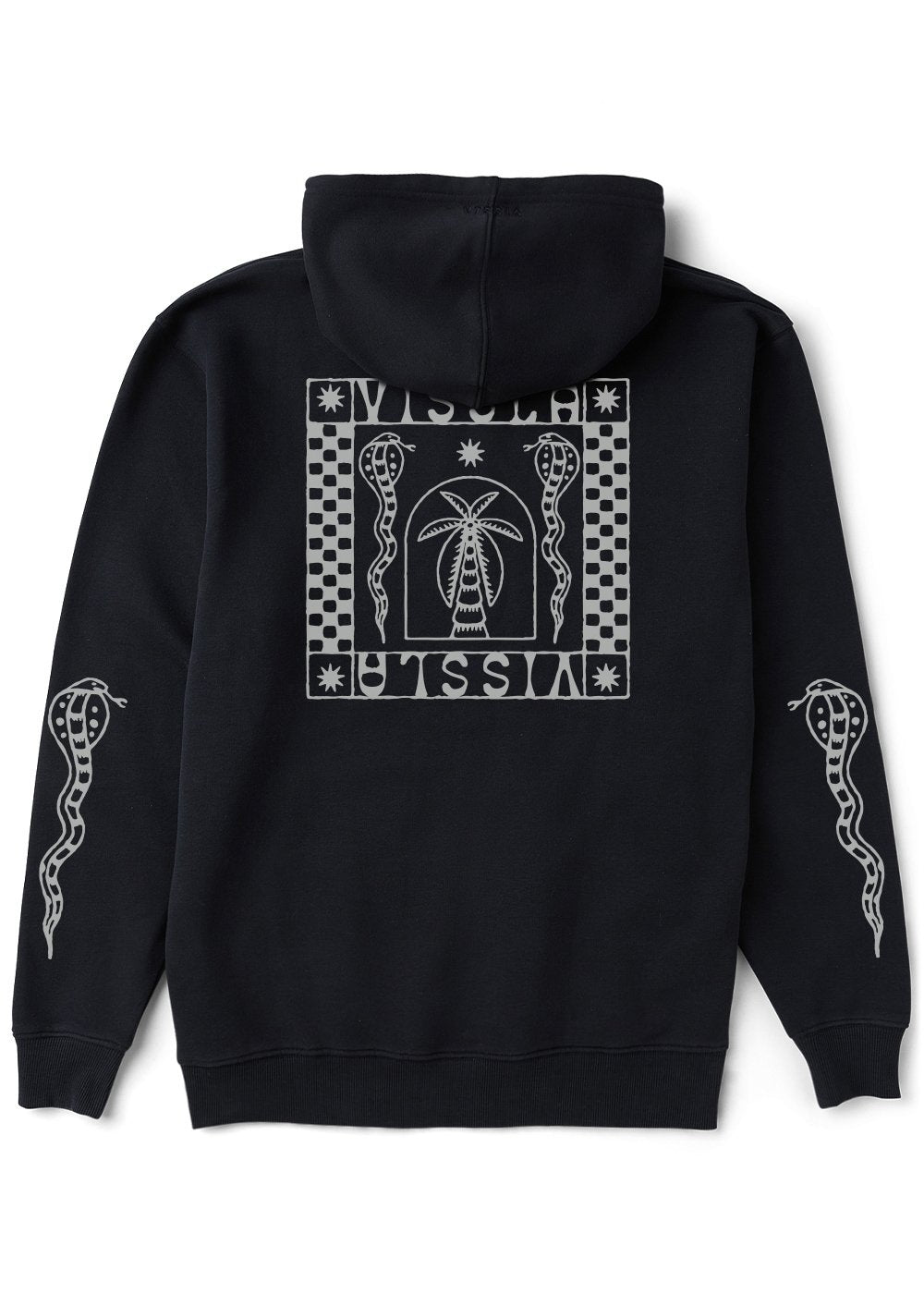 Back view of the black Vissla Offshore Eco PO Hoodie featuring a large checkerboard, palm tree and snake graphic with matching snake sleeve designs.
