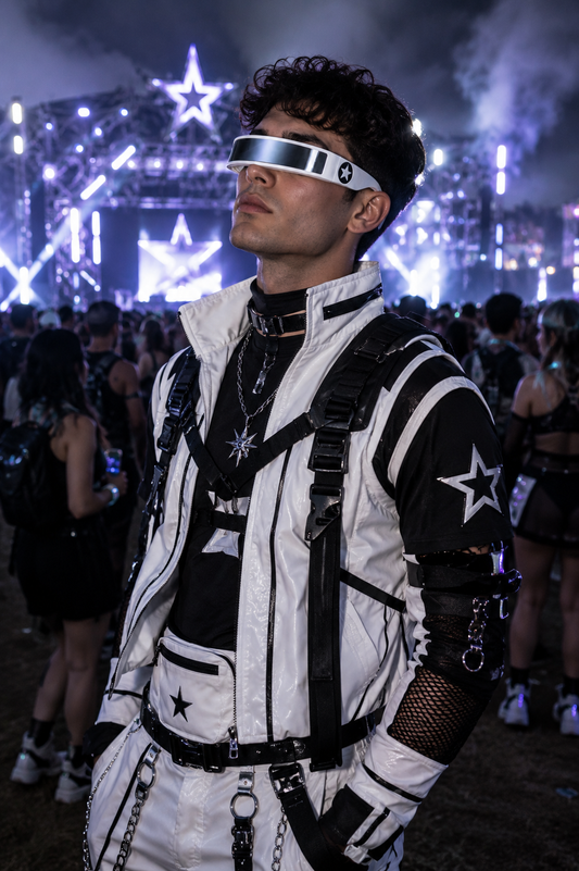 Festival model wearing white futuristic star shield sunglasses