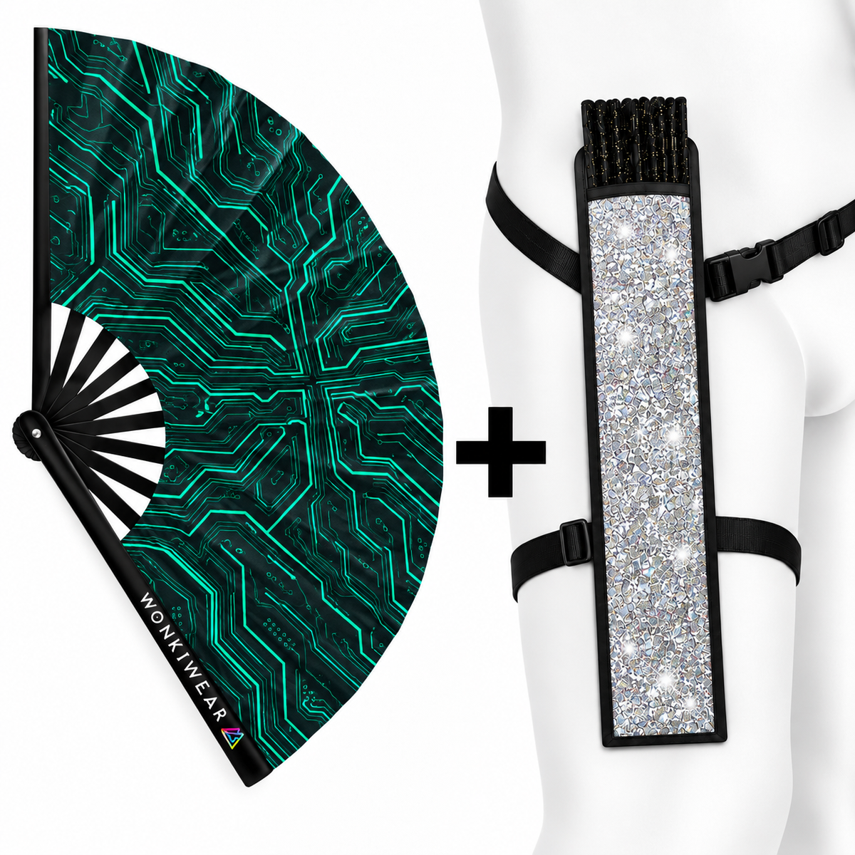 WonkiWear Cyber Circuit folding fan with teal circuit graphics paired with a sparkling silver glitter fan holster and adjustable black straps.