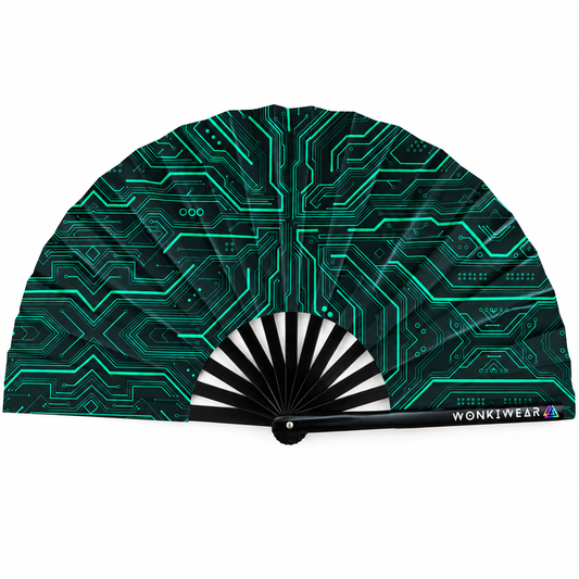 Black WonkiWear folding fan with teal Cyber Circuit graphics and branded black ribs displayed against a white background.
