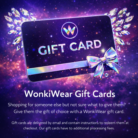 Wonkiwear festival gift card with colourful galaxy design for rave accessories and festival gifts