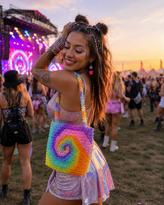 Festival lifestyle image of model wearing colourful rainbow beaded shoulder bag
