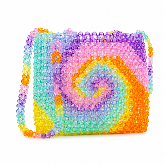 Handmade rainbow beaded shoulder bag with spiral tie dye design on white background