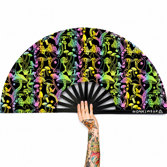 XL flash reflective mushroom festival fan with black bamboo ribs