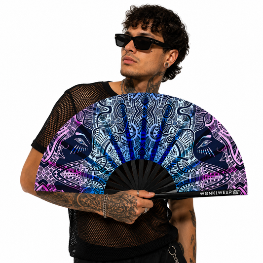 Festival model holding XL UV reactive tribal psytrance rave fan