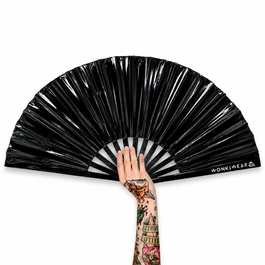XL Black Raven glossy black PVC festival fan front view