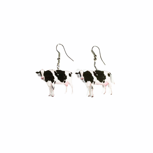 Earrings - Black & white cow drop